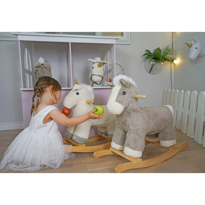 Cavallo a Dondolo per Bambini in Legno e Peluche Orso Grigio